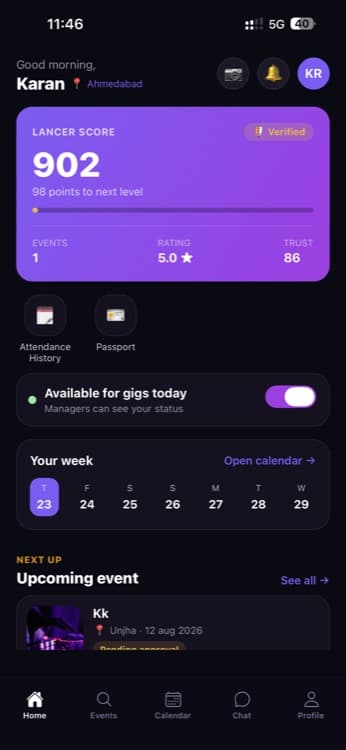 Evexa home dashboard showing upcoming events