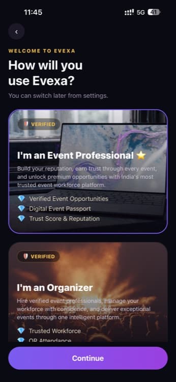 Evexa role selection screen for crew or organizer